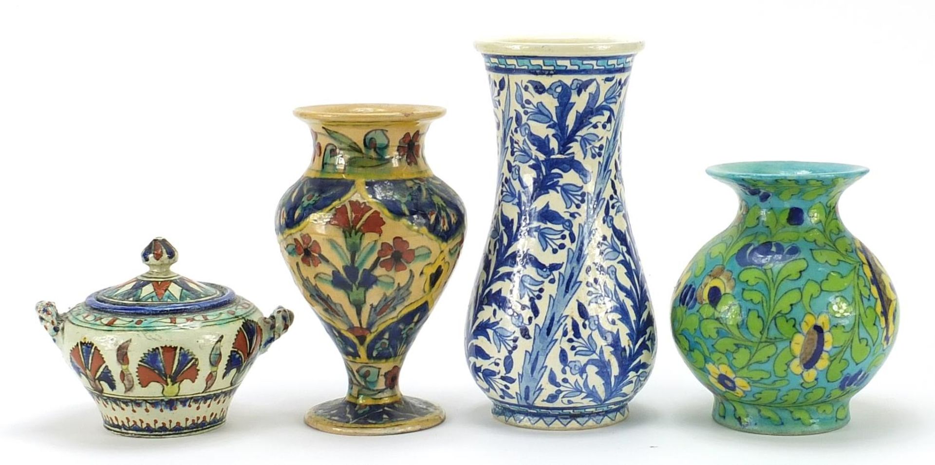 Palestinian pottery including three vases hand painted with flowers, the largest 20.5cm high - Image 2 of 3