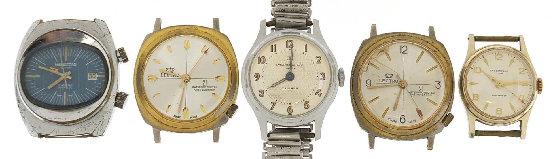 Five vintage wristwatches including Ingersoll Triumph, Memostar alarm, Lectro and Ingersoll