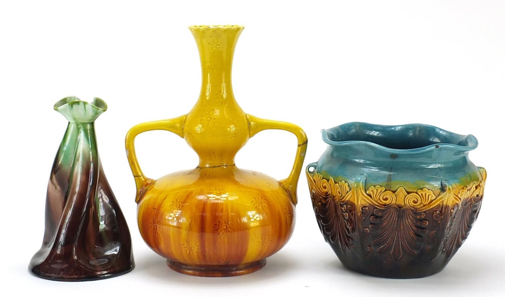 Art pottery to include a Burmantoft vase with twin handles and a Christopher Dresser style Ault - Image 2 of 4