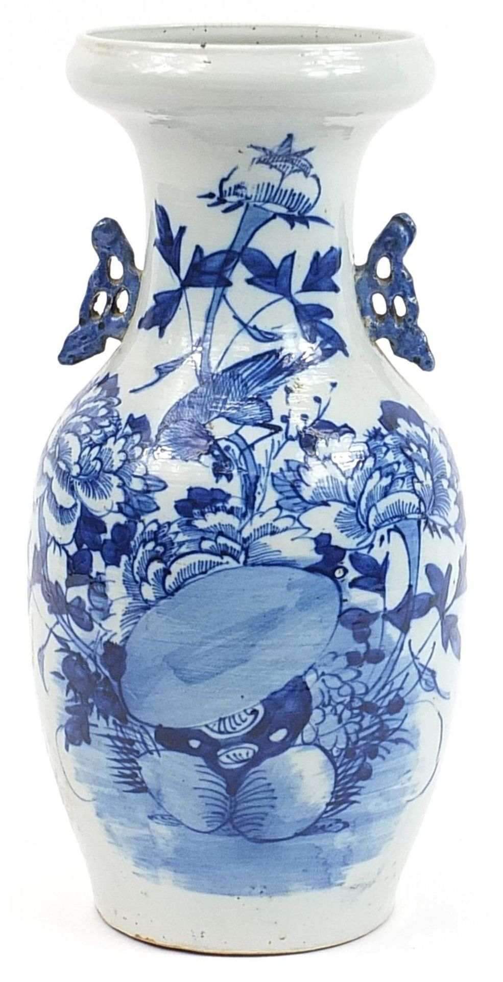 Chinese blue and white porcelain vase with twin handles hand painted with a bird amongst flowers,