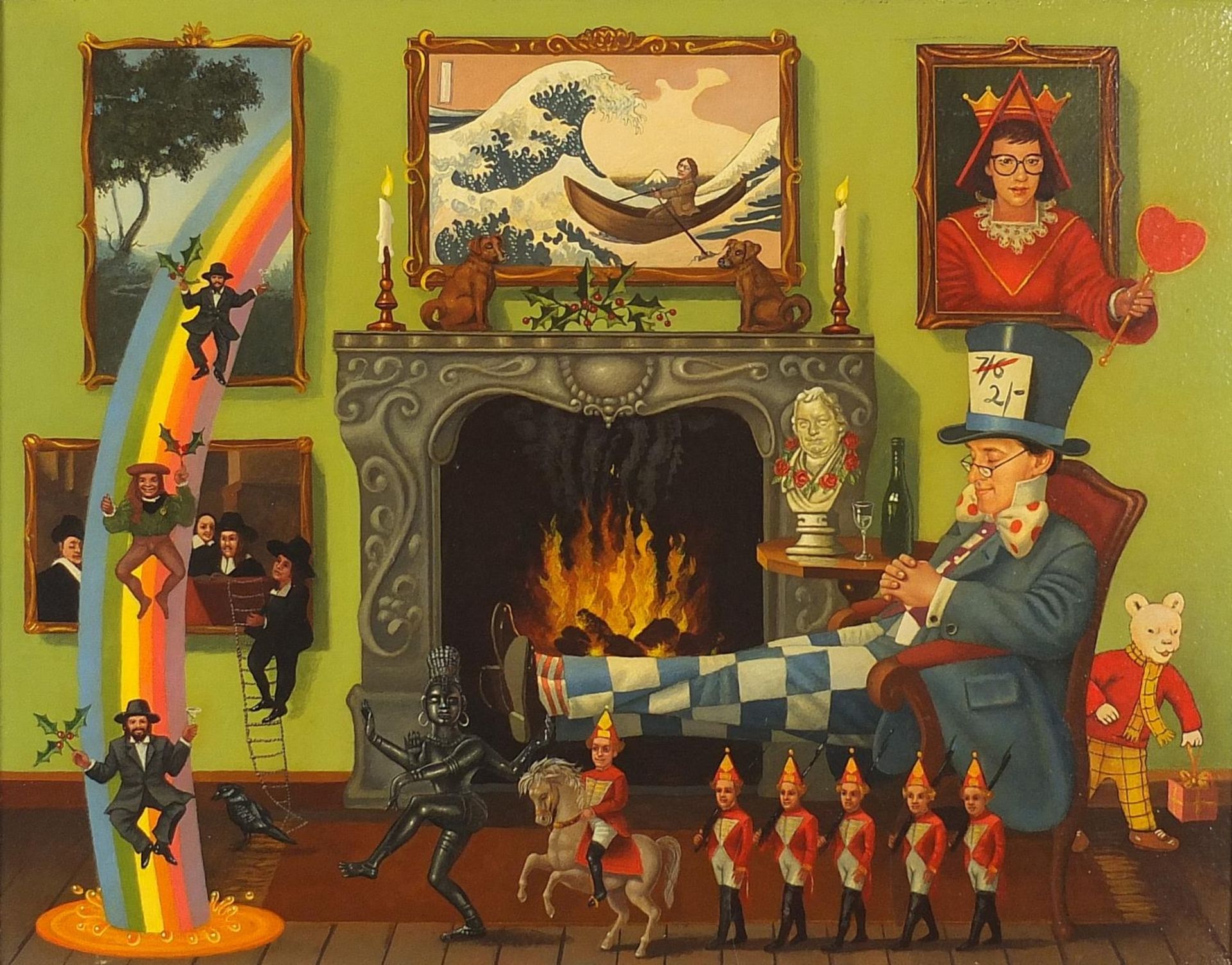 Peter Lawman - Interior scene with figure, rainbow and soldiers, comical oil on canvas, mounted