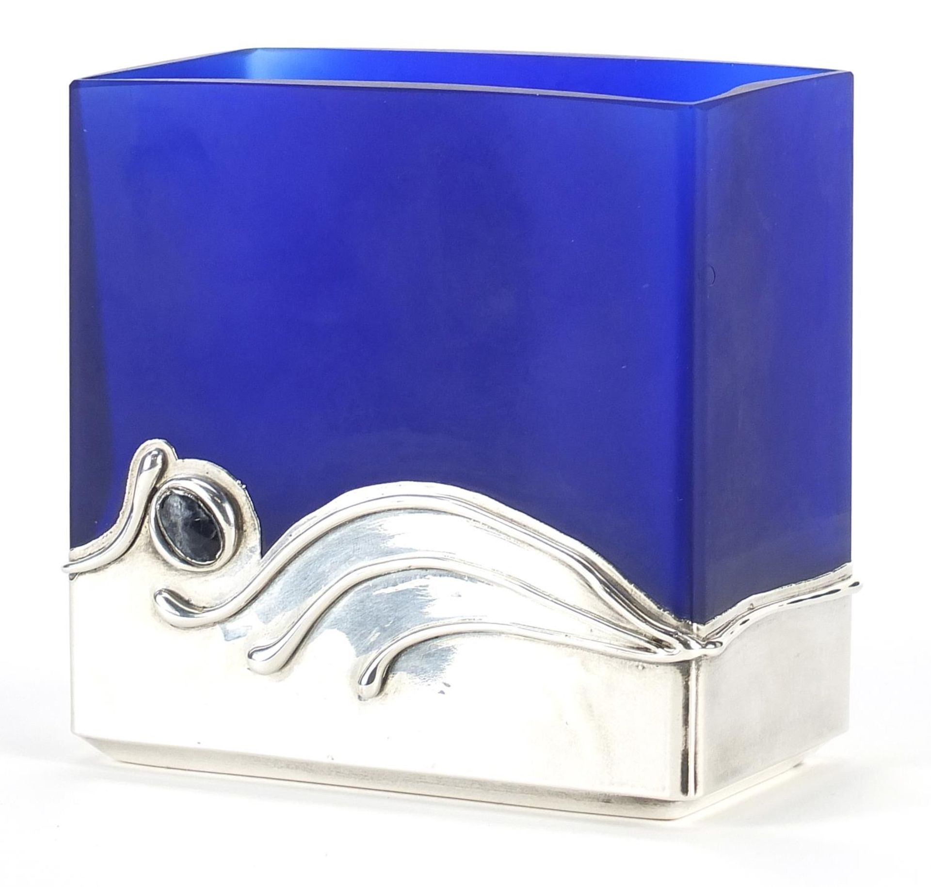 David Barah, silver mounted blue glass vase, 11cm high