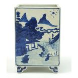 Chinese blue and white porcelain square section planter hand painted with figures in a river