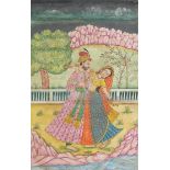 Figures dancing before a landscape, Indian Mughal school watercolour on card, unframed, 24cm x 15.