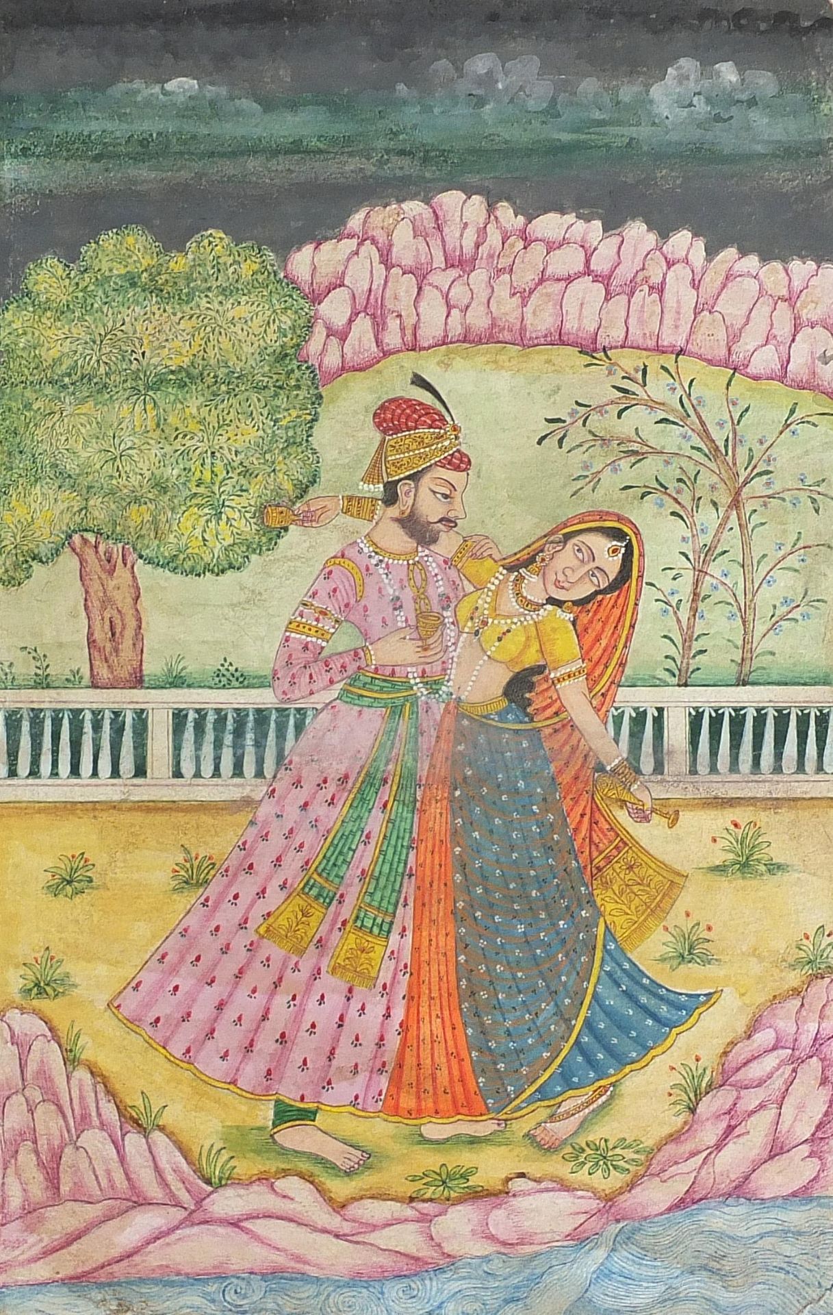 Figures dancing before a landscape, Indian Mughal school watercolour on card, unframed, 24cm x 15.