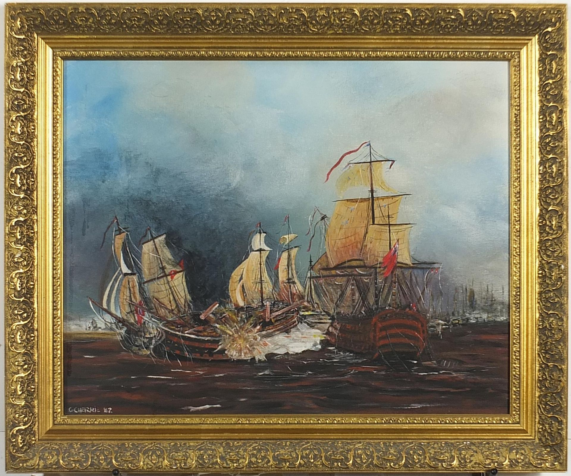 G Cherrie - Warships, maritime interest oil on board, mounted and framed, 49cm x 39cm excluding - Image 2 of 4
