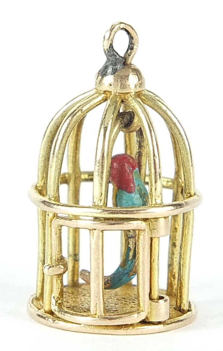 9ct gold enamelled parrot in a cage charm with hinged door, 2.3cm high, 3.3g - Image 2 of 4