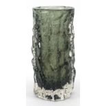 Geoffrey Baxter for Whitefriars, textured cylindrical bark glass vase in indigo or pewter, 15.5cm