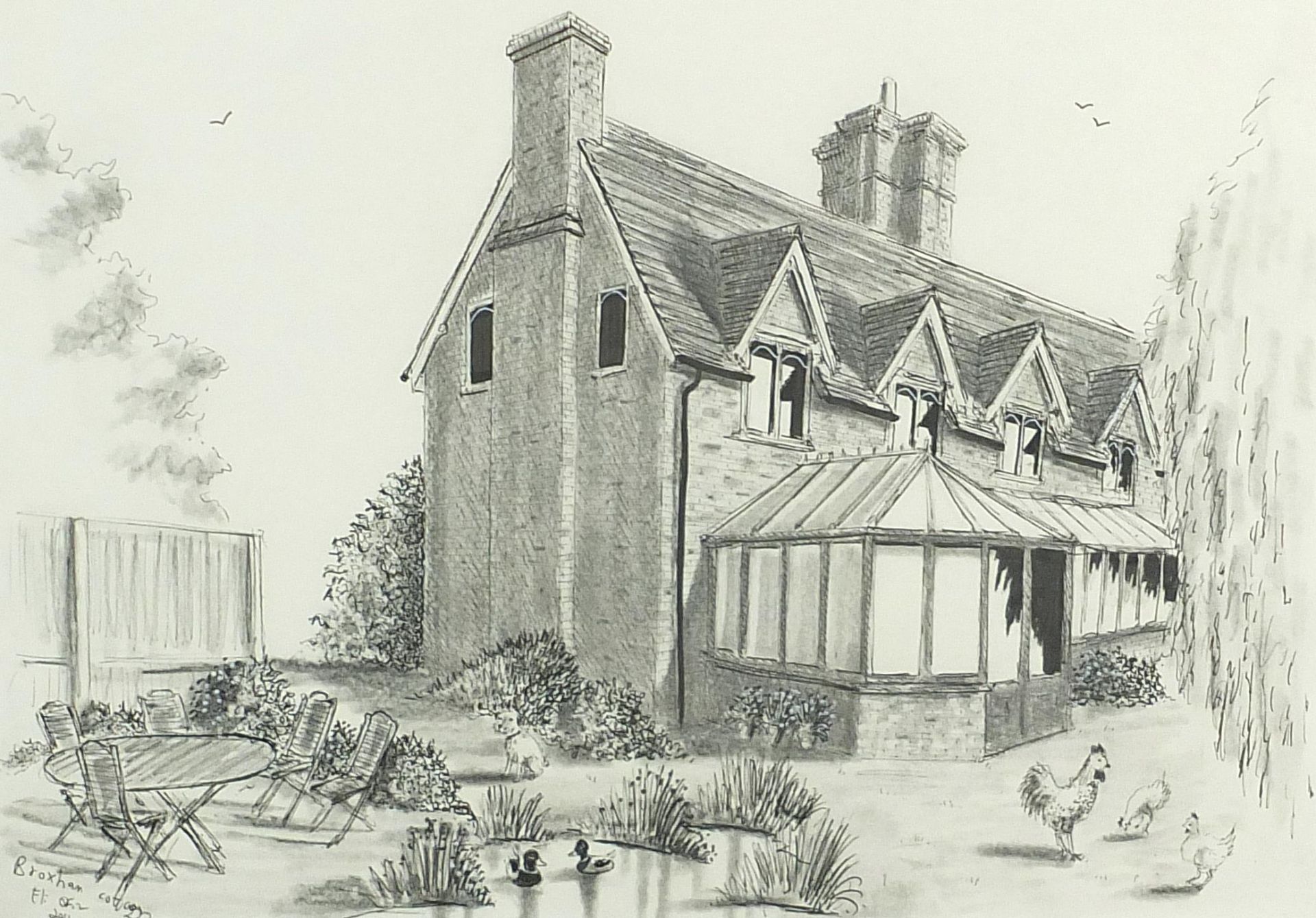 Broxham Cottages, pair of pencil drawings, each mounted, framed and glazed, the largest 57cm x 40. - Image 2 of 9