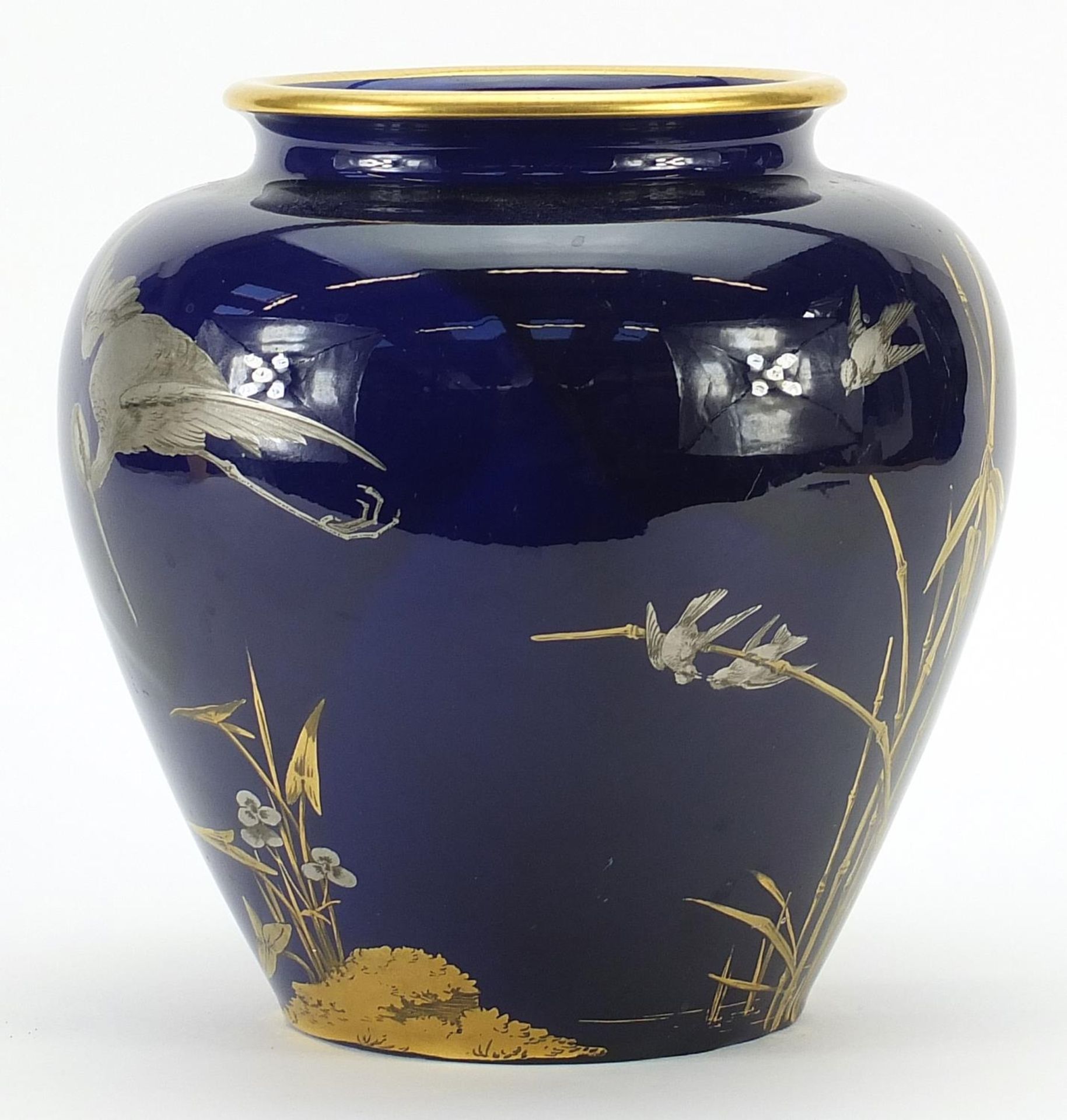 Victorian Aesthetic porcelain vase hand painted and gilded with birds in flight, retailed by - Image 2 of 4