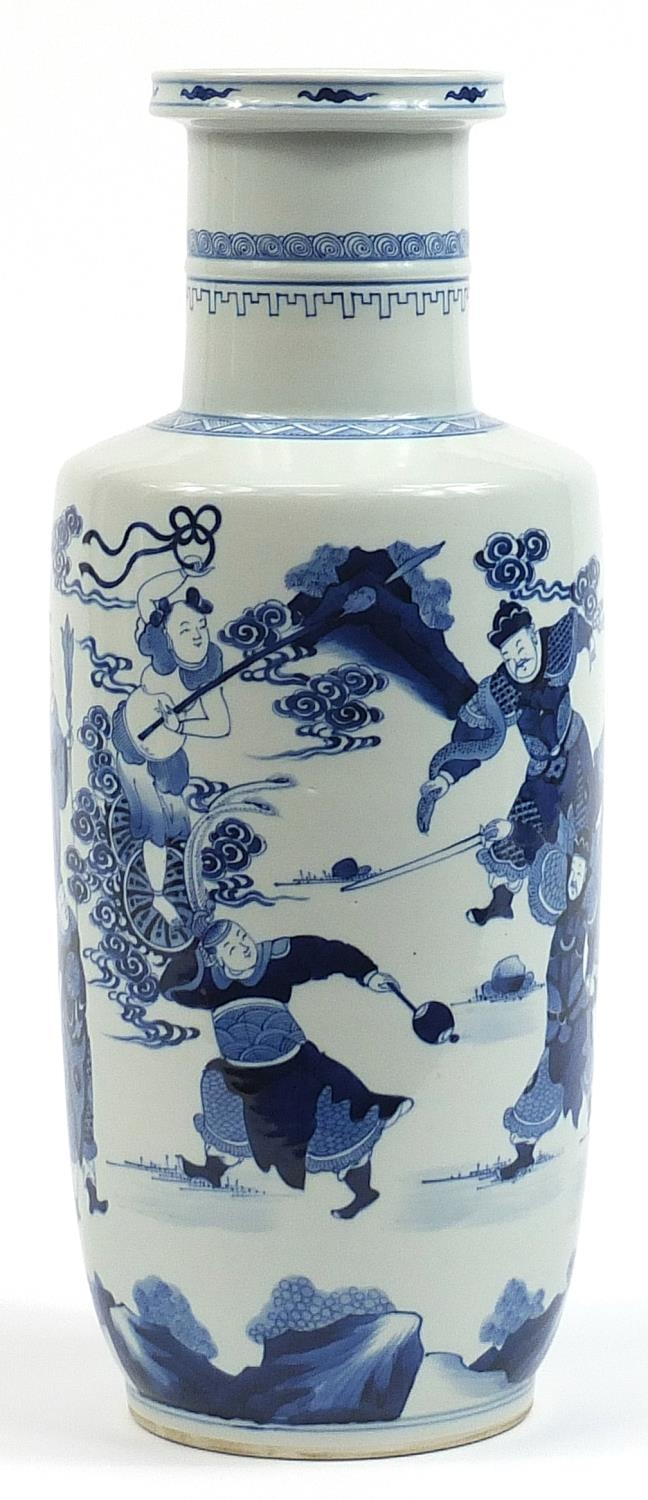 Large Chinese blue and white porcelain Rouleau vase hand painted with figures and warriors in a