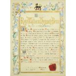 19th century Illuminated manuscript relating to Reverend William Benn with red seal, framed and