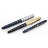 Three vintage Parker and Conway Stewart fountain pens including a blue marbleised example