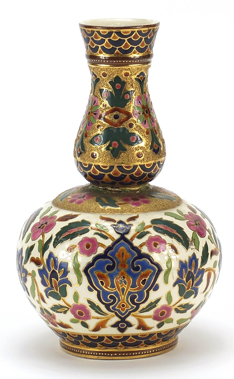 Continental porcelain vase in the style of Zsolnay Pecs hand painted with flowers, 20.5cm high