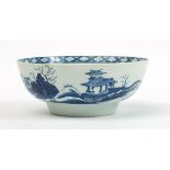 19th century English blue and white porcelain bowl hand painted in the chinoiserie manner with a