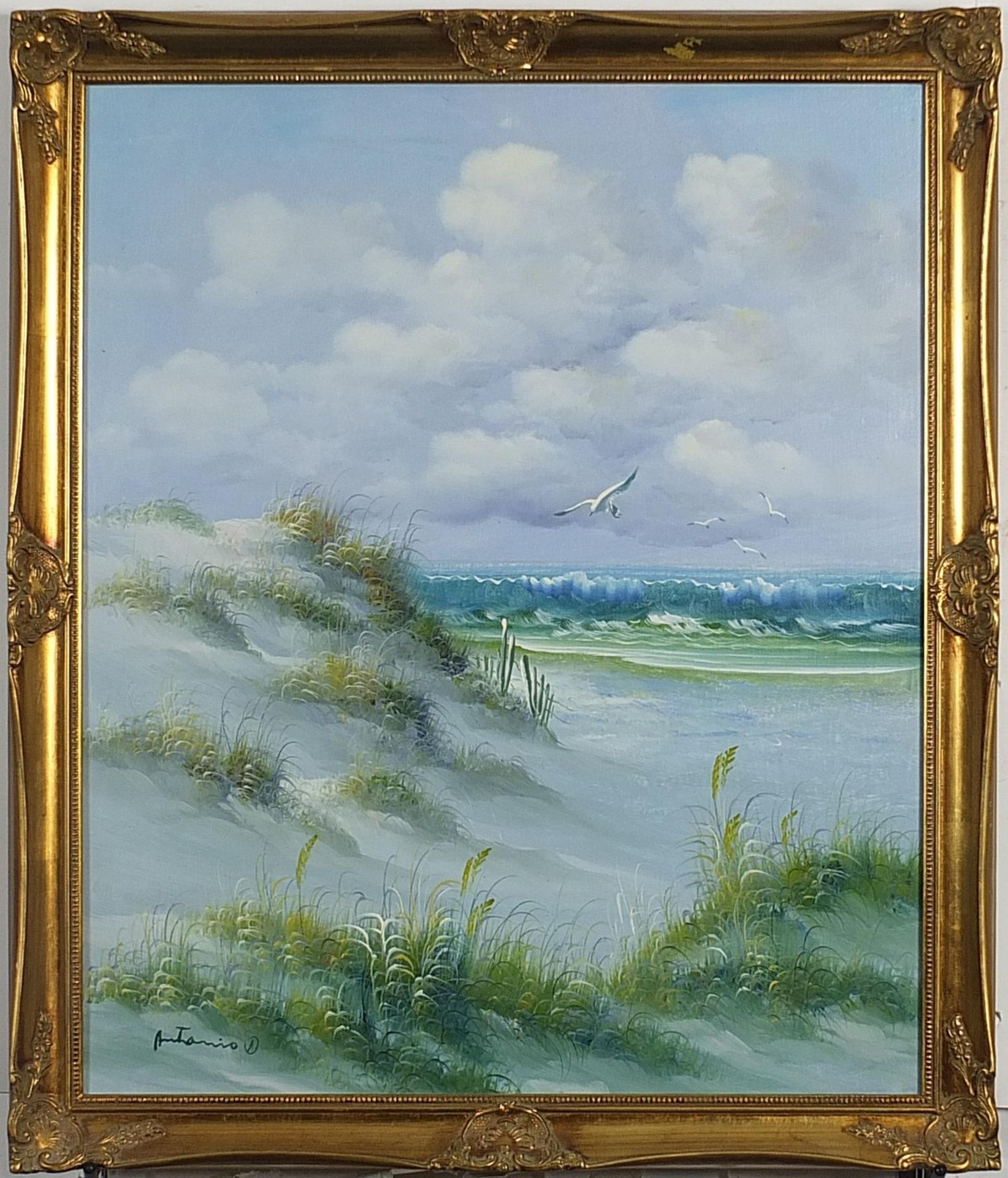 Costal scene with seagulls, oil on canvas, mounted and framed, 60cm x 50cm excluding the mount and - Image 2 of 5