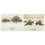 Kathleen Caddick - Snow on the Pennines and Cherry orchard, pair of pencil signed etchings in