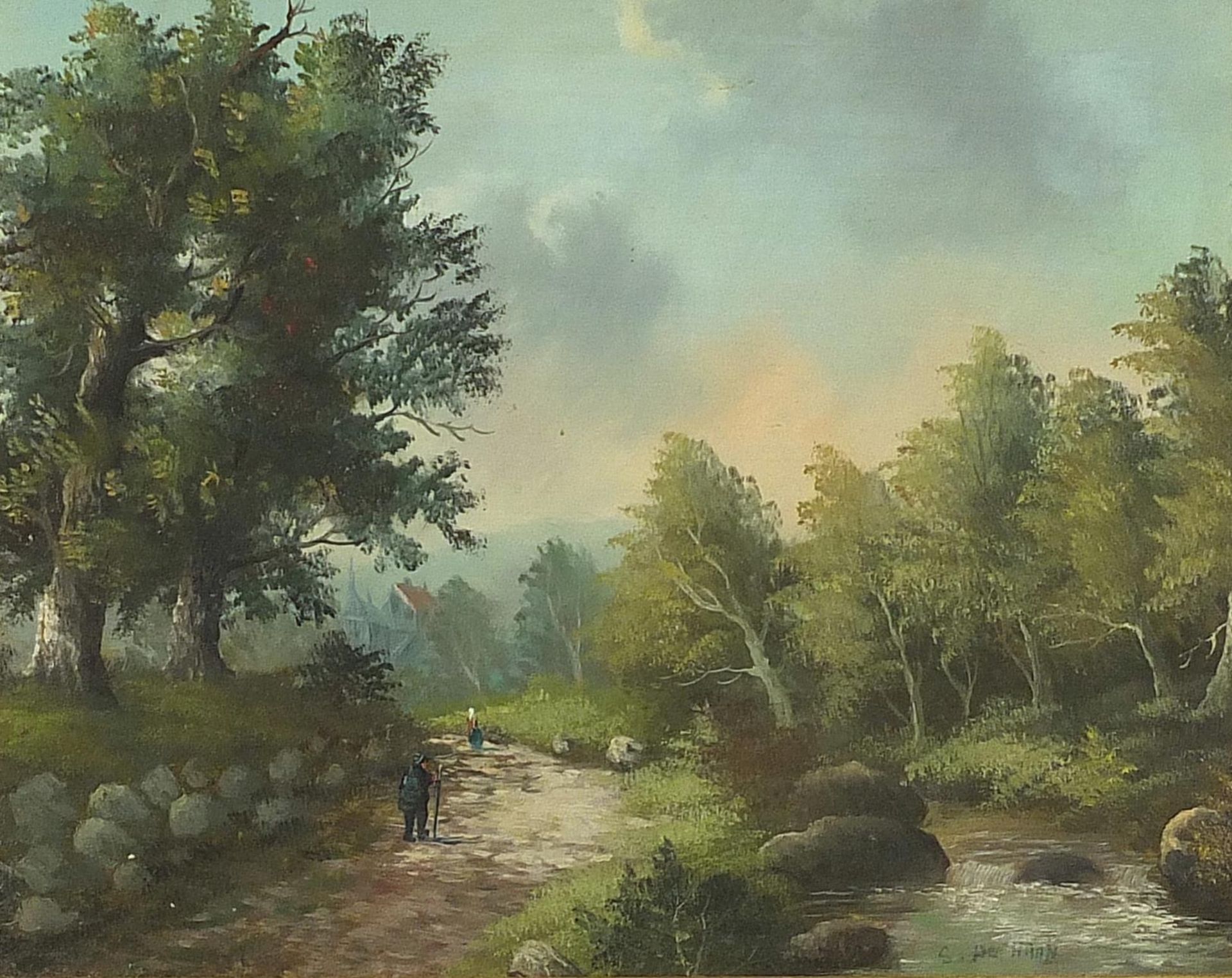Figures on a path before a landscape, continental oil on board, indistinctly signed, possibly