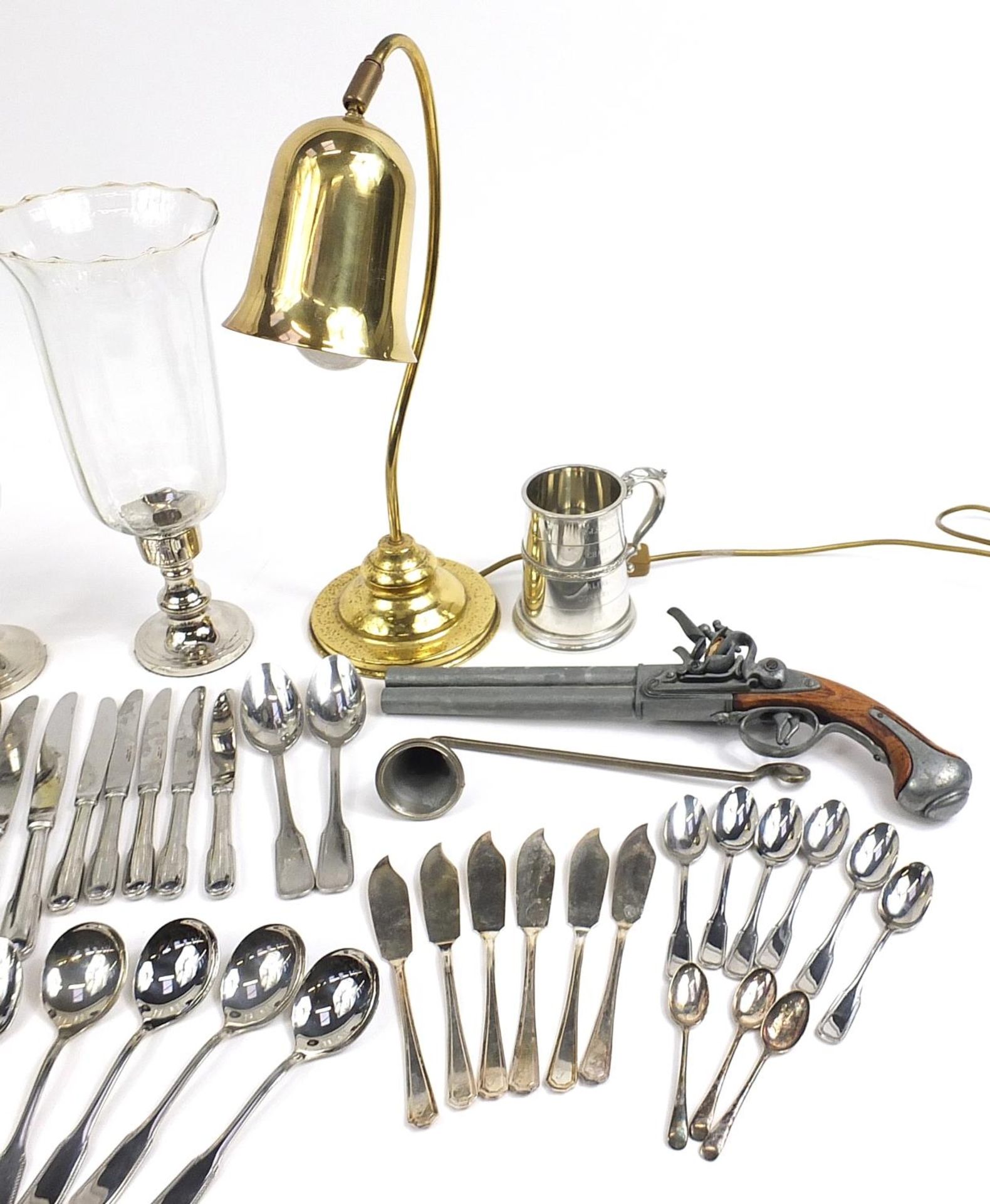 Metalware including silver plated cutlery, copper flagon, brass desk lamp and a decorative flintlock - Image 4 of 5