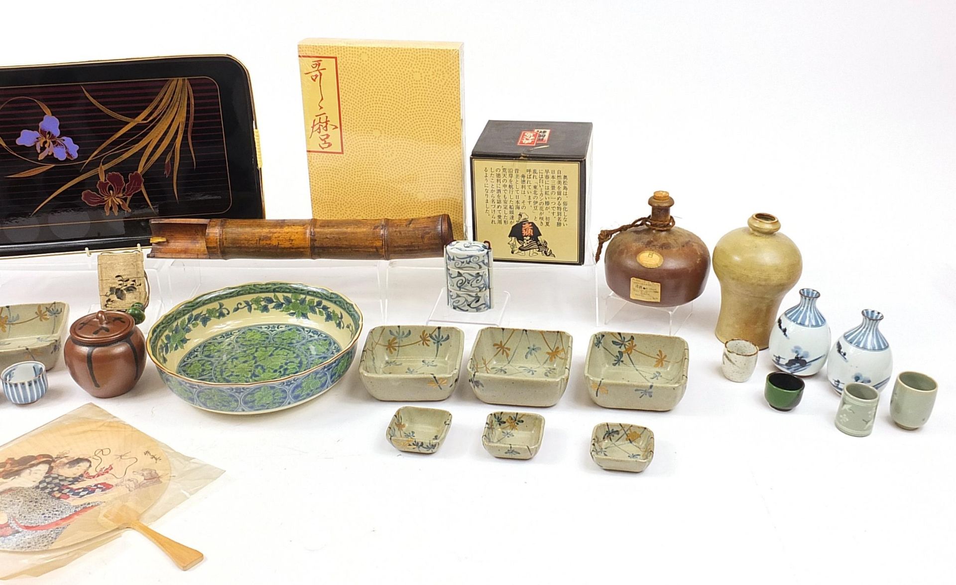 Japanese ceramics, pottery and objects including a lacquered tray, seated dog, fan and tea bowls, - Image 3 of 3