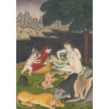 Seated females, animals and deities before a landscape, Indian Mughal school watercolour on card,