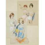 Fashion designs, two French heightened watercolours on paper, mounted, unframed, the largest 30cm