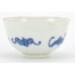 Chinese blue and white porcelain bowl hand painted with bats, six figure character marks to the