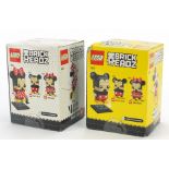 Two vintage Lego Brick Headz figures with boxes, Mickey Mouse 66 41624 and Minnie Mouse 67 41625