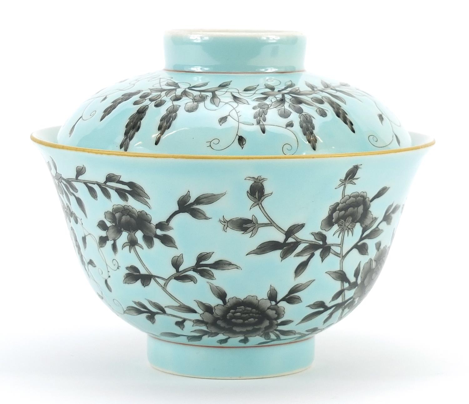 Chinese turquoise ground porcelain bowl and cover hand painted with flowers, four figure iron red - Image 2 of 4