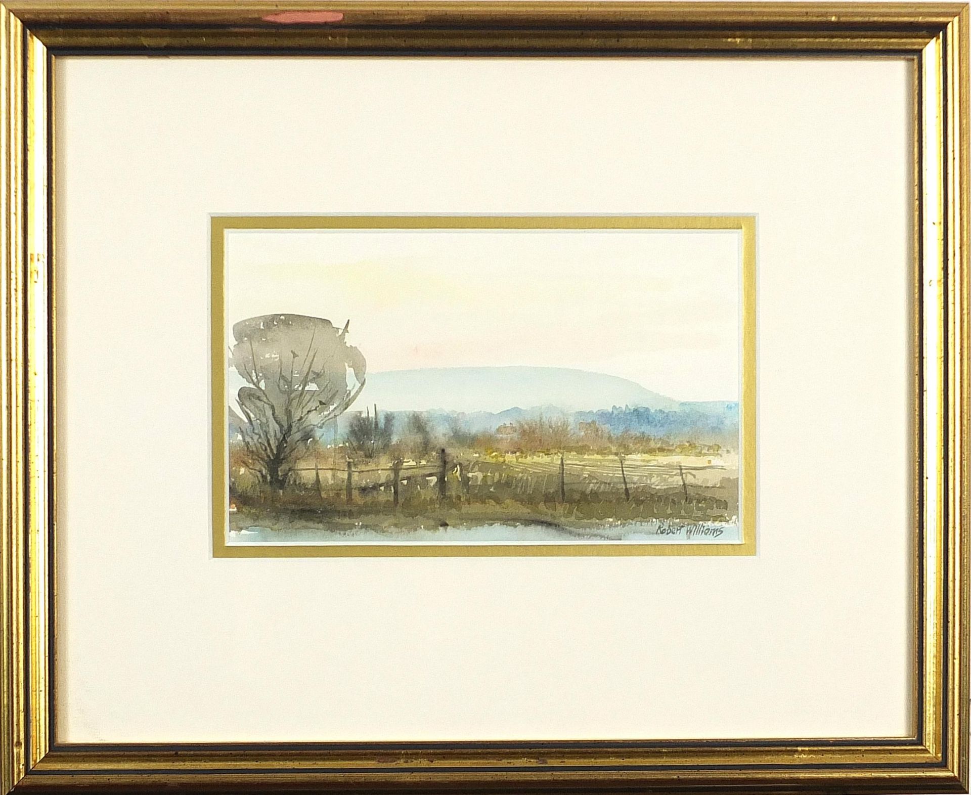 Robert Williams - Rural landscape, watercolour, mounted, framed and glazed, 18.5cm x 11.5cm - Image 2 of 4