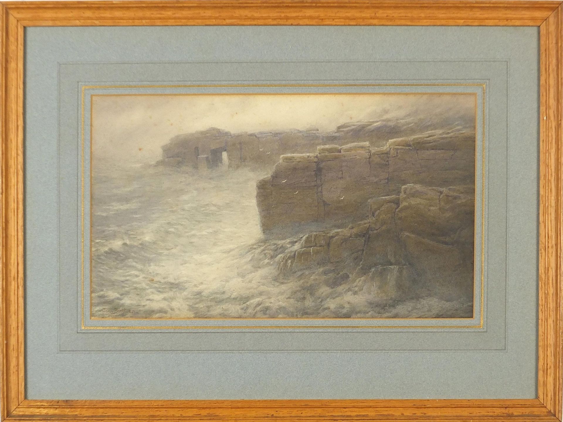 John Brett - Seascape with cliffs, late 19th century watercolour, Wells & Fitzgerald, London label - Image 2 of 5