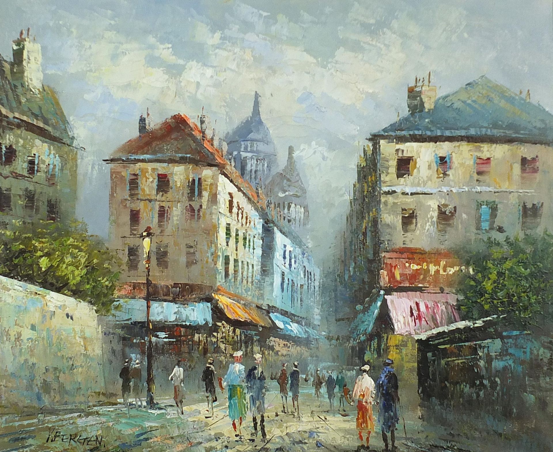 Parisian street scene with figures, oil on canvas, mounted and framed, 59.5cm x 49.5cm excluding the