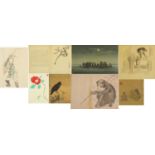 Collection of Chinese and Japanese paintings and prints including monkeys, birds and figures, some