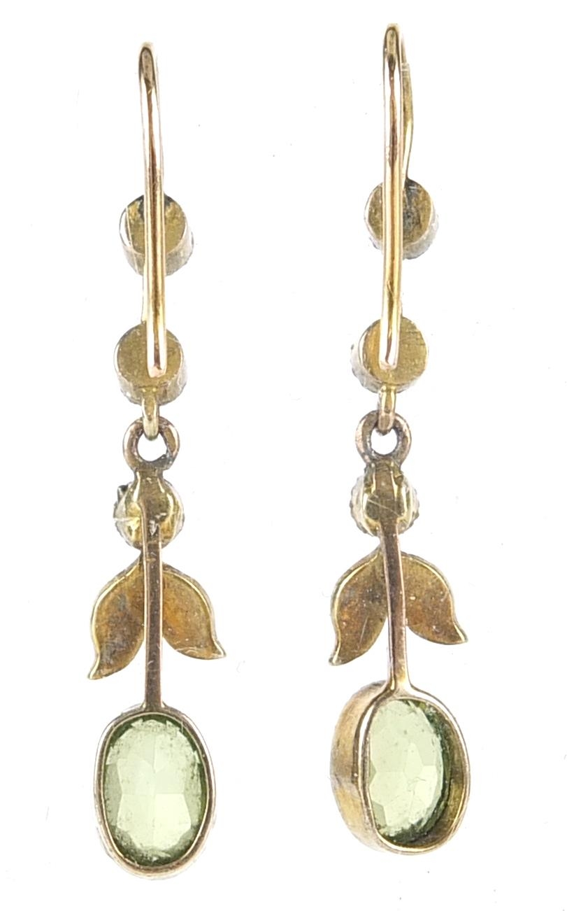 Pair of Victorian unmarked gold peridot and seed pearl drop earrings, 3cm high, 1.8g - Image 2 of 2