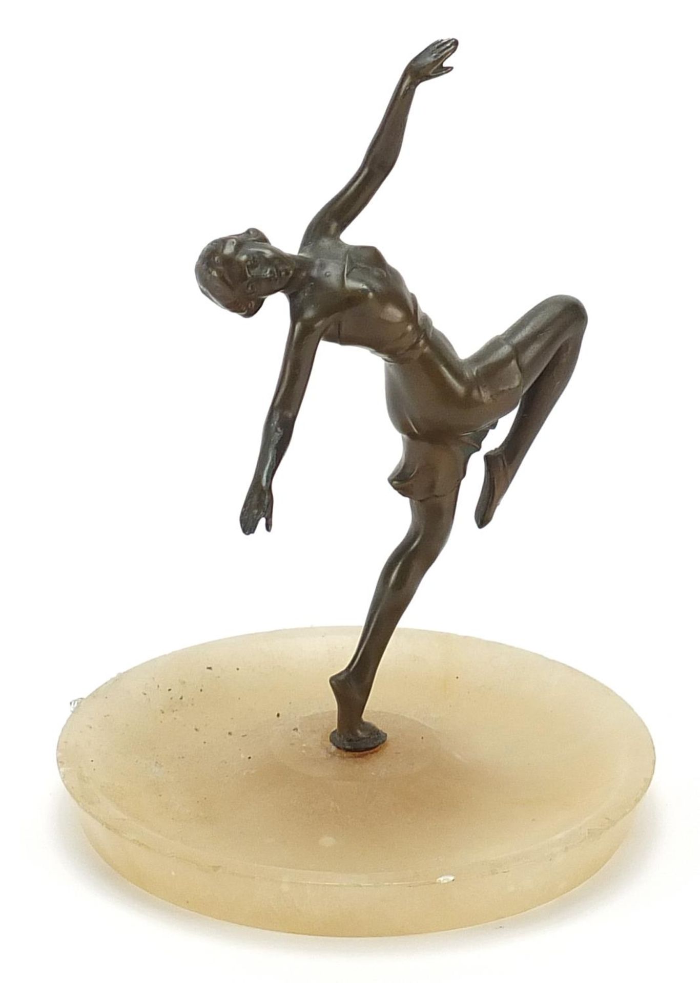 Art Deco patinated spelter and onyx dish of a female dancer, 21cm high