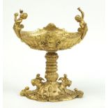 Gilt bronze pedestal dish with animal heads and mermaid handles, 22cm high