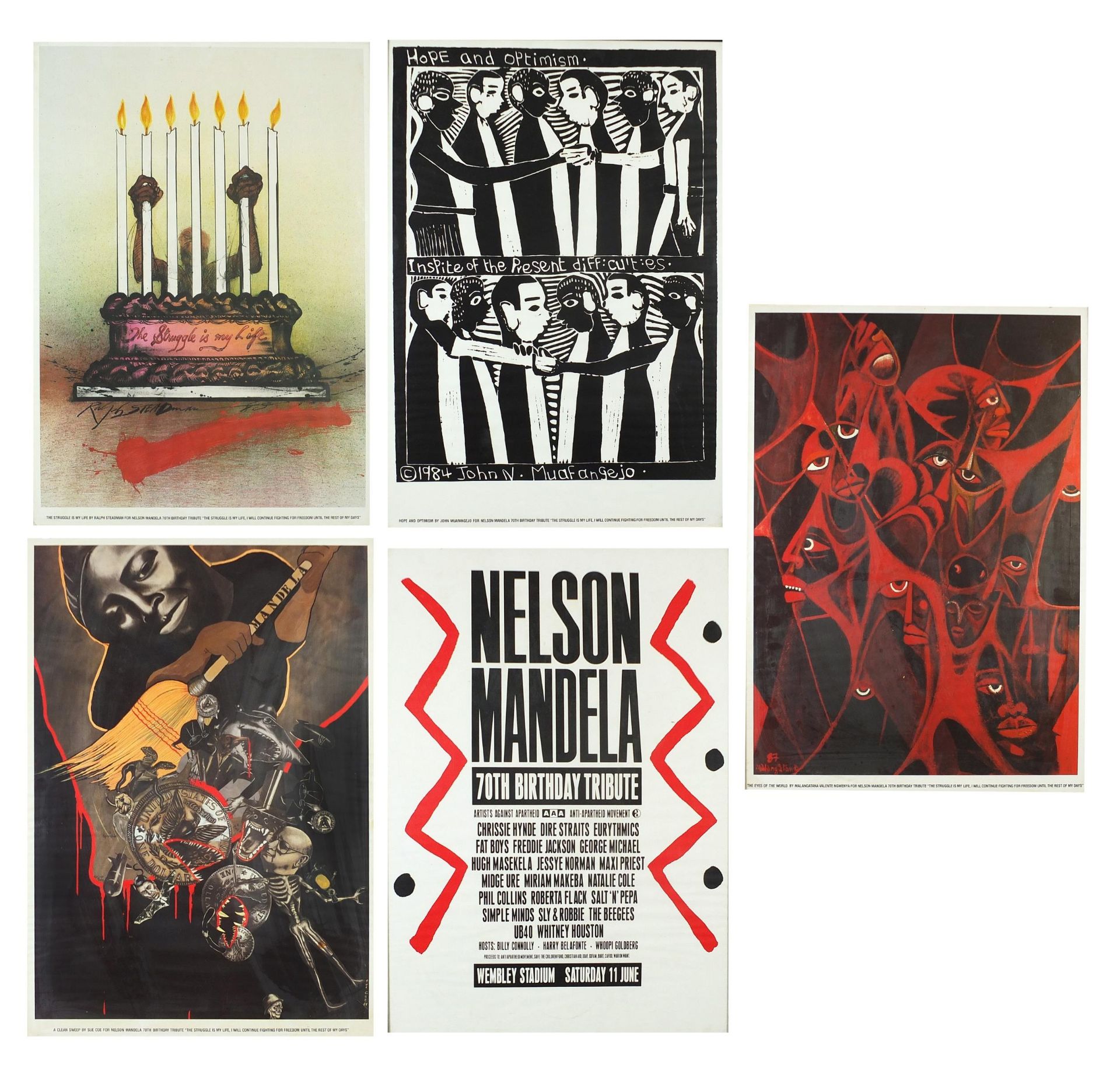 Set of five Nelson Mandela 70th birthday tribute posters including The Struggle is My Life by