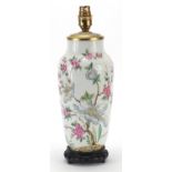 Chinese porcelain vase table lamp hand painted in the famille rose palette with flowers, 35.5cm high