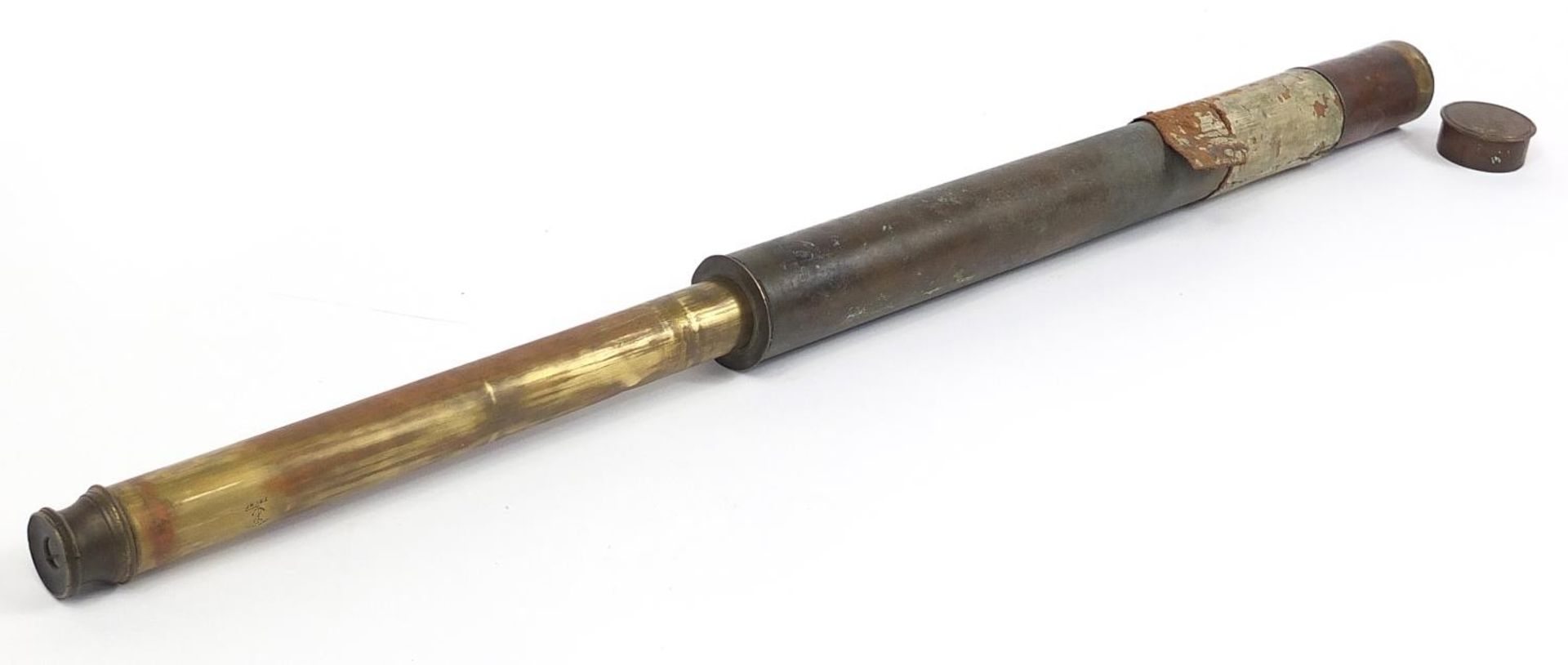 One draw brass naval telescope impressed Trademark Try Me, 53.5cm in length when closed - Image 2 of 3