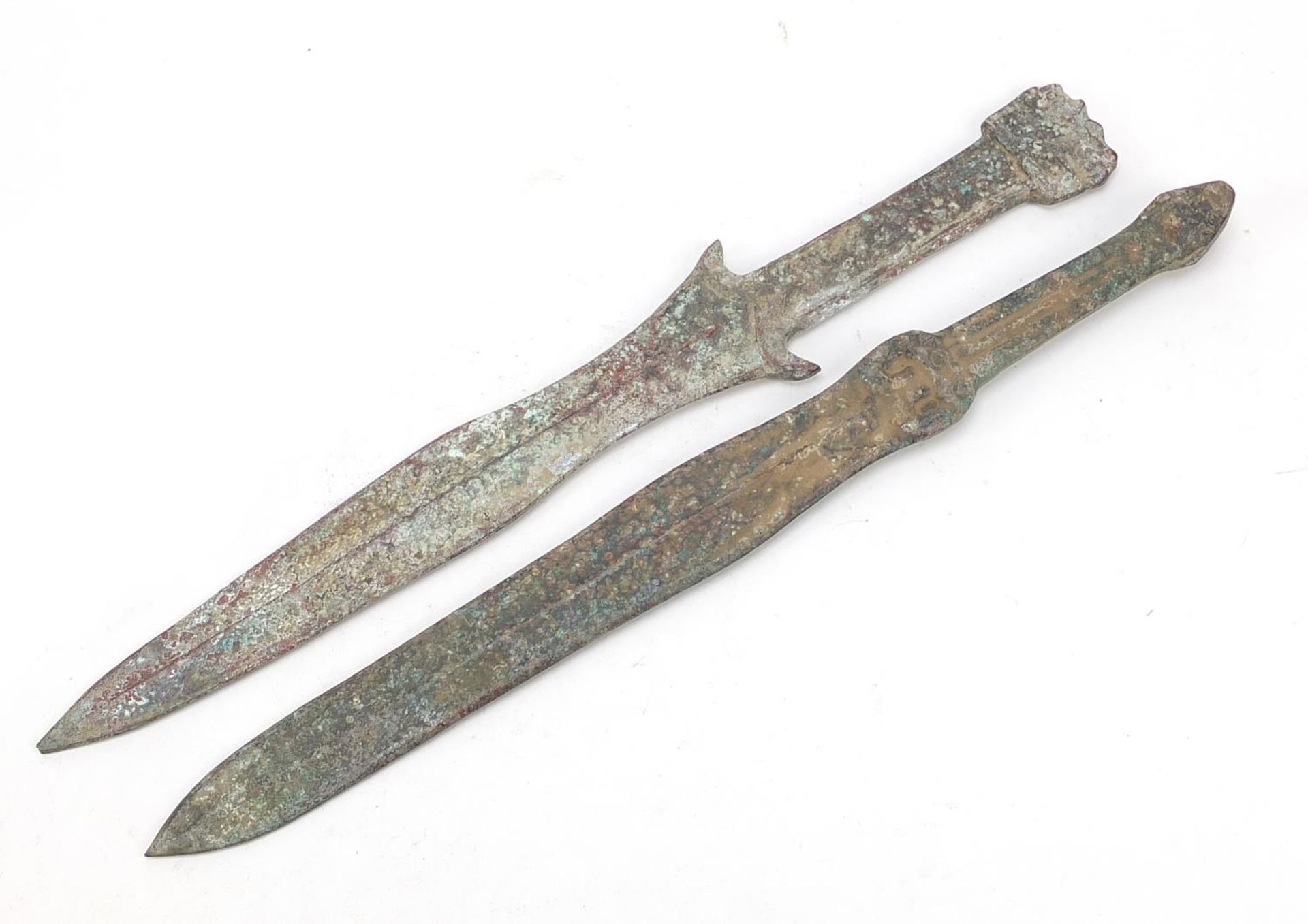 Two Chinese/Islamic patinated bronze short swords, the largest 39cm in length, - Image 2 of 2
