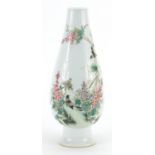 Chinese porcelain vase hand painted in the famille rose palette with birds amongst flowers, iron red