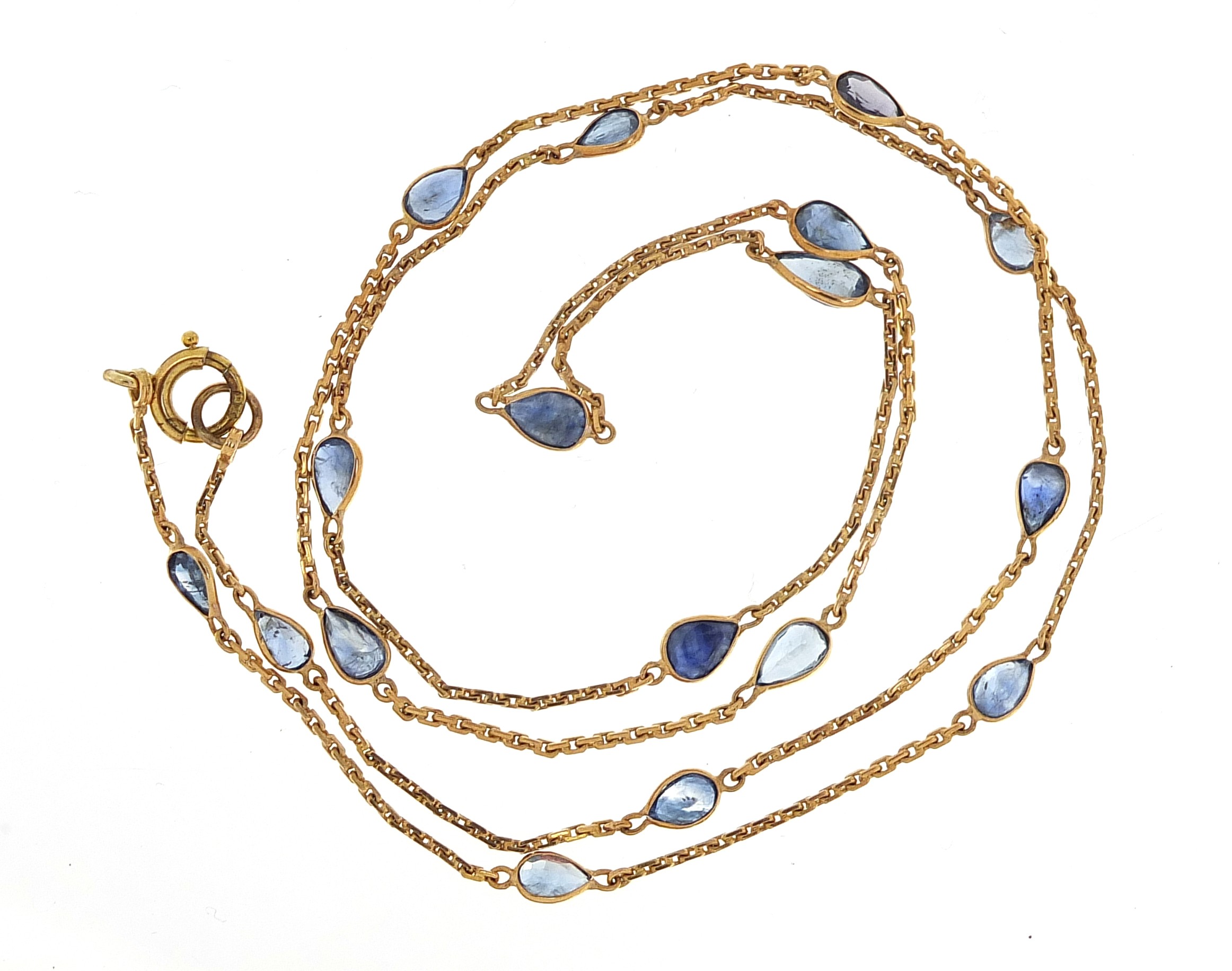 9ct gold teardrop sapphire necklace, 60cm in length, 6.0g - Image 2 of 3