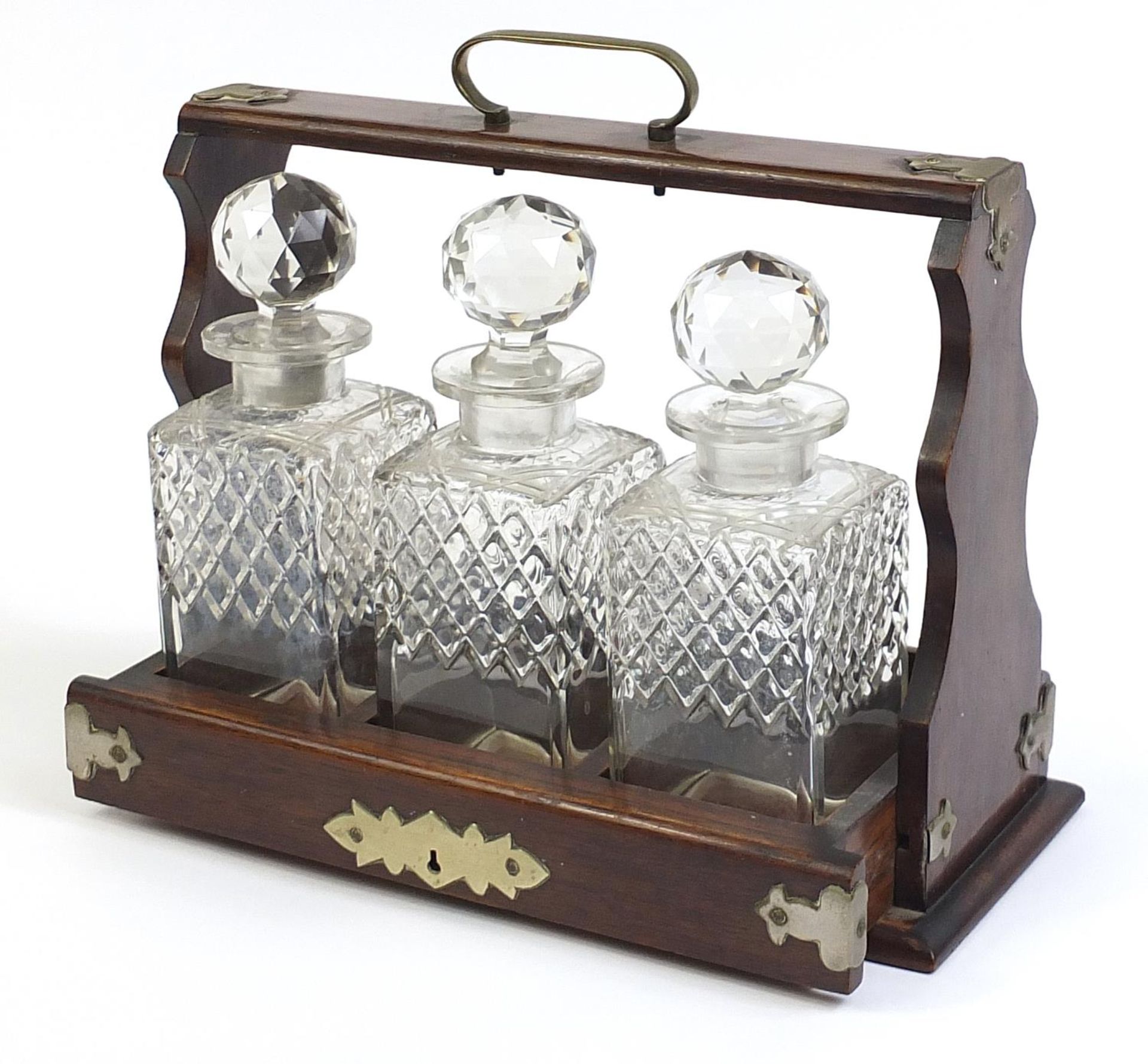 Oak three bottle tantalus with three glass decanters, 35.5cm wide - Bild 2 aus 3