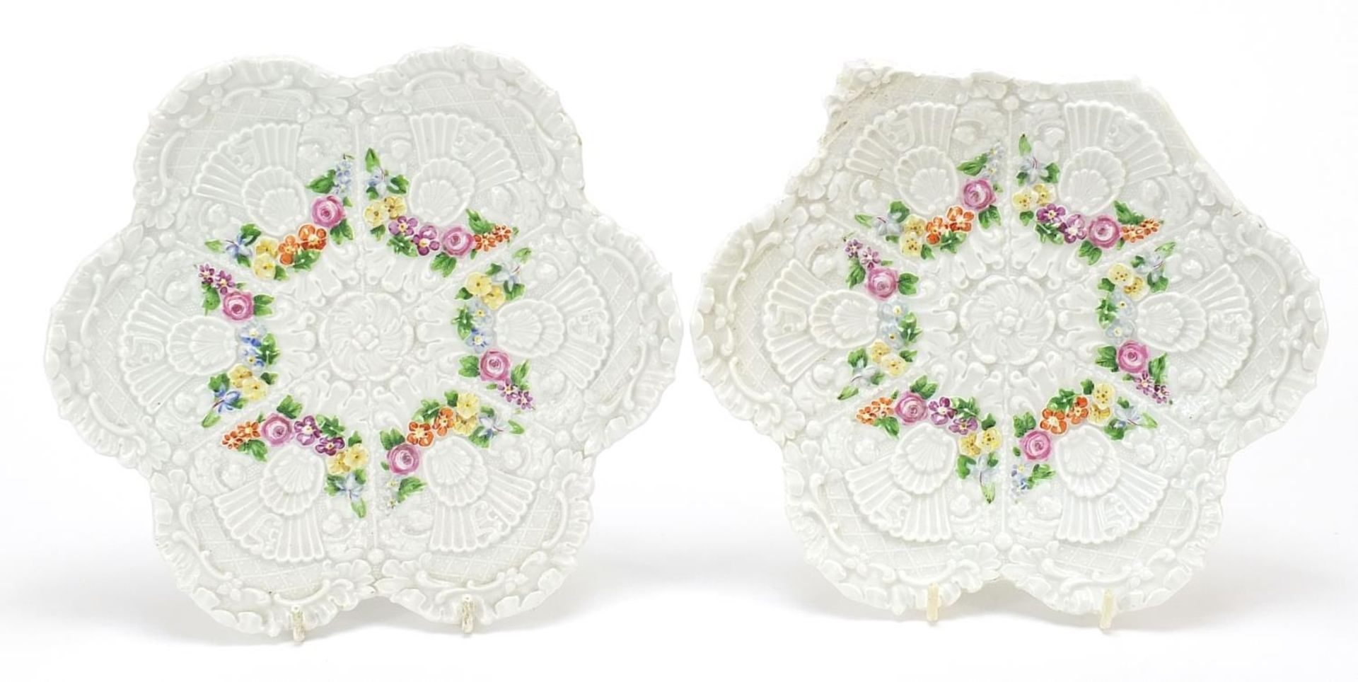 Meissen, pair of German porcelain plates hand painted and decorated in low relief with shells and