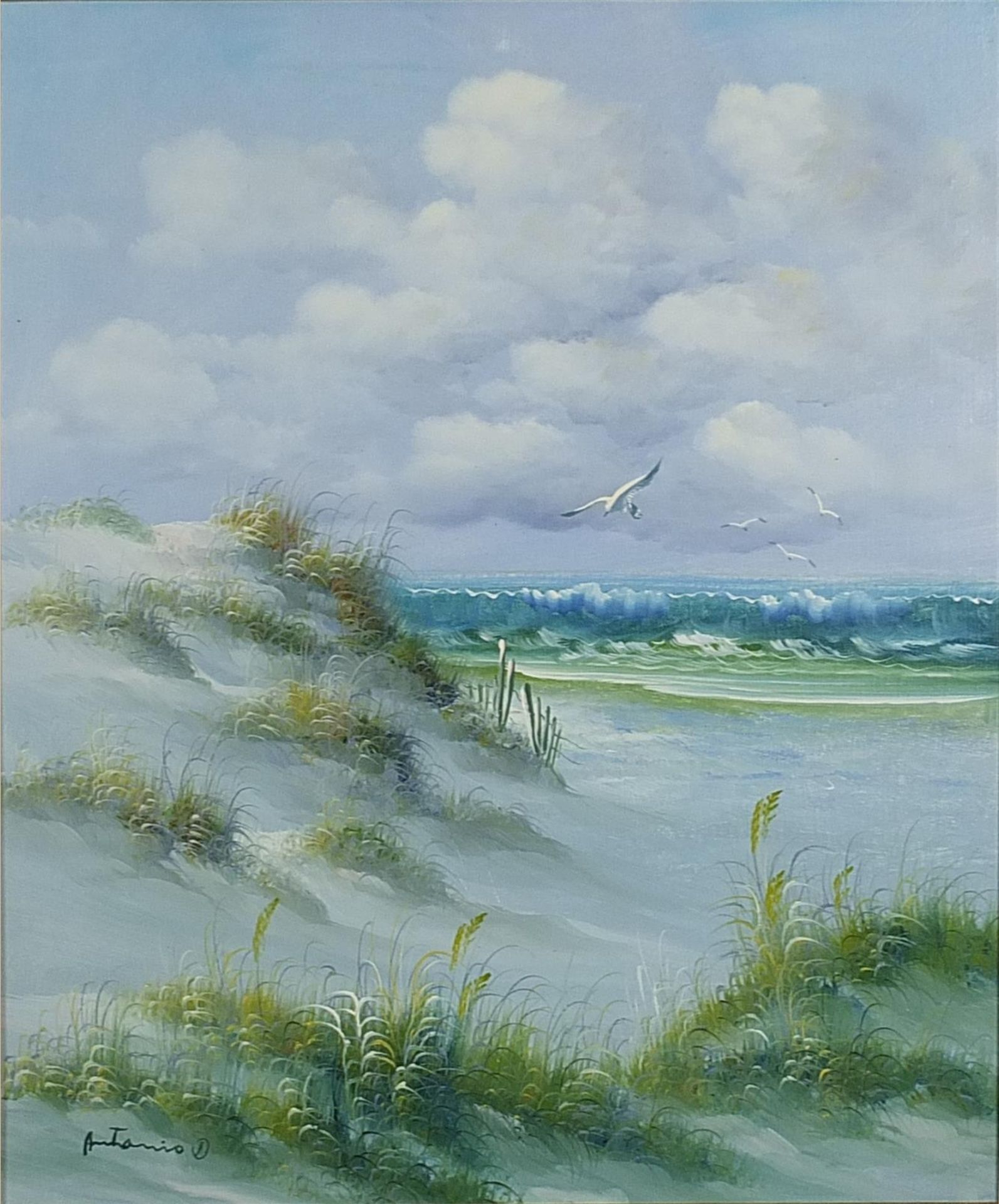 Costal scene with seagulls, oil on canvas, mounted and framed, 60cm x 50cm excluding the mount and