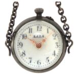Globular silver coloured metal and glass pocket watch, 2.5cm in diameter