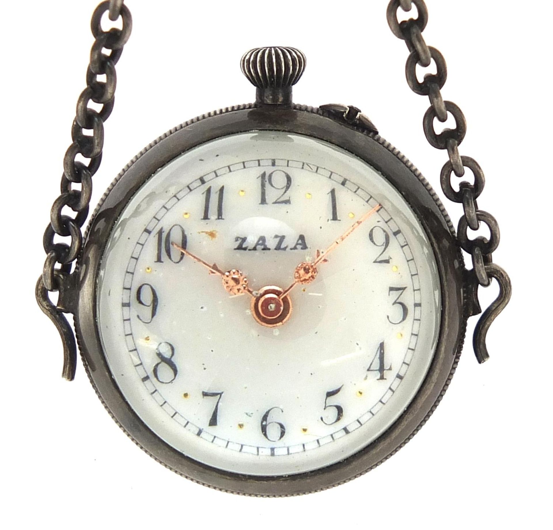 Globular silver coloured metal and glass pocket watch, 2.5cm in diameter