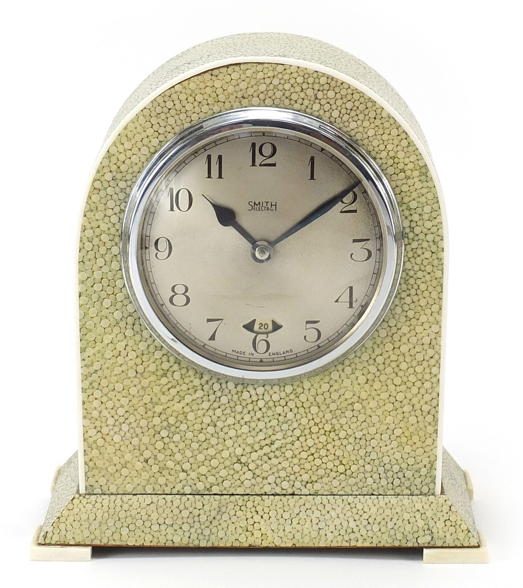 Smiths Electric, Art Deco shagreen dome top mantle clock with ivory mounts and date dial, 18cm high
