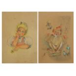 Young girl and figure playing an accordion, pair of pencil signed prints in colour, indistinctly