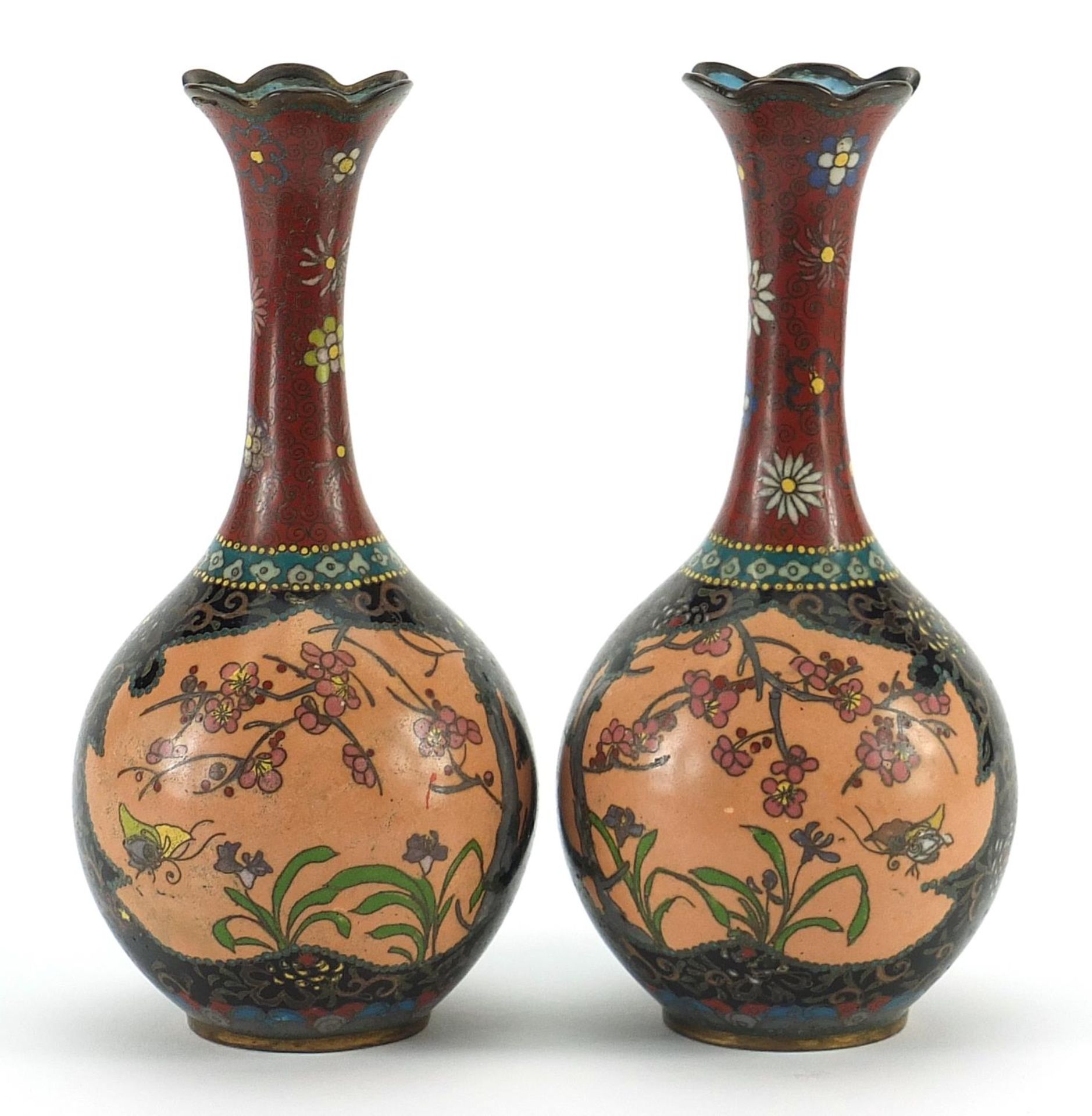 Pair of Japanese cloisonne vases enamelled with butterflies and birds amongst flowers, each 18.5cm - Image 2 of 3